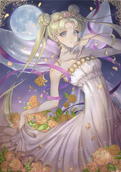  bare_shoulders bishoujo_senshi_sailor_moon blonde_hair blue_eyes commentary_request crescent crescent_facial_mark double_bun dress facial_mark female flower forehead_mark full_moon hair_bun karanashi_mari leaf long_hair moon neo_queen_serenity smile solo strapless strapless_dress tiara tsukino_usagi twintails white_dress 