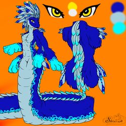  1:1 4_arms anthro apode blue_body blue_fur breasts digital_media_(artwork) draconcopode feathered_scalie feathered_snake feathers female flat_colors fur fuzzy grey_body grey_scales headdress hi_res legless model_sheet multi_arm multi_limb naga non-mammal_breasts orange_background paws reptile scales scalie serpentine shiarah simple_background snake solo spots wide_hips 