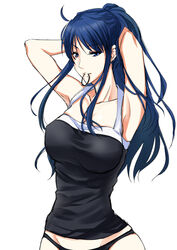  adjusting_hair armpits arms_up black_panties blue_eyes blue_hair breasts commentary_request cowboy_shot female grisaia_(series) grisaia_no_kajitsu grisaia_no_meikyuu hair_tie hair_tie_in_mouth kusakabe_asako large_breasts long_hair looking_at_viewer mouth_hold nekonoyuzu no_pants panties ponytail simple_background solo tank_top tying_hair underwear white_background 