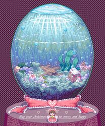  air_bubble bow box brown_hair bubble christmas clam commentary_request detached_sleeves female gable_roof gift grass hair_tubes hairbow hakurei_reimu hat heart house kisasage_kouta mittens pixel_art purple_eyes ribbon seaweed snow_globe snowman touhou underwater 