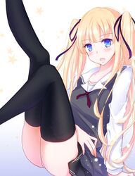  black_ribbon black_skirt black_thighhighs blonde_hair blue_eyes commentary_request female highres long_hair mimi_(mini1474) panties pink_panties pleated_skirt ribbon saenai_heroine_no_sodatekata sawamura_spencer_eriri school_uniform skirt solo thighhighs twintails underwear 