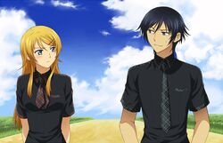  1boy black_hair blonde_hair blue_eyes brother_and_sister commentary_request female kousaka_kirino kousaka_kyousuke long_hair necktie ore_no_imouto_ga_konna_ni_kawaii_wake_ga_nai school_uniform short_hair siblings toryi 