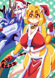  amakuchi anthro bell big_breasts breasts candy candy_cane canid canine canis christmas clothed clothing costume dessert digital_media_(artwork) eyebrows female fenrir_(amakuchi) food fox foxy-rena fur gloves group hair handwear hat headgear headwear hi_res holidays male mammal otama_(character) pattern_background scar simple_background star teeth wolf young 