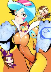  1boy 2girls ;o alternate_costume bad_id bad_pixiv_id blue_eyes blue_hair blush bodysuit breasts brown_eyes brown_hair caitlyn_(league_of_legends) chibi cleavage eyewear_on_head gloves hammer hat jayce_(league_of_legends) league_of_legends long_hair medium_breasts multiple_girls neon_strike_vi one_eye_closed open_mouth orange_bodysuit purple_eyes short_hair shulliy_baudelair skin_tight star_(symbol) sunglasses sweatdrop vi_(league_of_legends) zipper 