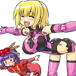  ._. 2girls :d ^_^ artille bad_id bad_pixiv_id bent_over blonde_hair blue_hair blush bouncing_breasts breast_envy breasts busou_shinki closed_eyes dd_(ijigendd) doll_joints joints kohiru large_breasts looking_at_breasts mecha_musume multiple_girls open_mouth outstretched_arms short_hair smile spread_arms thighhighs 