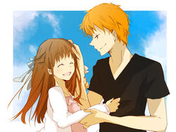  1boy brown_eyes brown_hair closed_eyes couple duo female frills fruits_basket honda_tooru long_hair open_mouth orange_hair ribbon shirt short_hair smile sohma_kyo souma_kyou t-shirt 