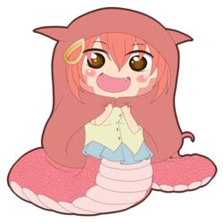  :d animal_hood blush_stickers brown_eyes chibi fangs female full_body hair_ornament hairclip highres himouto!_umaru-chan hood komaru lamia miia_(monster_musume) monster_girl monster_musume_no_iru_nichijou open_mouth parody red_hair scales simple_background smile solo staticwave style_parody transparent_background 