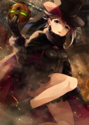  ange_(princess_principal) black_cape black_footwear black_gloves black_hat black_skirt blue_eyes breasts brown_hair cape commentary_request female from_below gloves hat highres layered_skirt miniskirt open_mouth princess_principal short_hair skirt small_breasts solo tsuyuki_(oudan_chitsujo_xxx) 