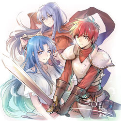  1boy 2girls adol_christin ancient_ys_vanished anniversary armor bad_id bad_pixiv_id belt blue_eyes blue_hair breasts brown_eyes commentary_request dress expressionless feathers feena_(ys) gloves hand_in_own_hair harmonica instrument leather leather_gloves long_hair looking_at_viewer multiple_girls reah_(ys) red_hair red_shirt robe sash scarf shirt short_hair siblings simple_background sisters small_breasts smile spiked_hair sword turtleneck upper_body uuta_(uturautouto) weapon white_background white_dress ys 