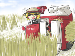  =_= blonde_hair blush_stickers chibi combine_harvester commentary farmer female goma_(gomasamune) hair_ribbon hat oerba_yun_fang open_mouth ribbon rumia short_hair solo straw_hat touhou wheat_field 