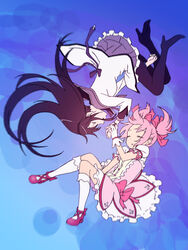  2girls akemi_homura akemi_homura_(magical_girl) black_hair black_pantyhose bow closed_eyes dress floating frills hair_ribbon hairband high_heels holding_hands kaname_madoka kaname_madoka_(magical_girl) kneehighs long_hair magical_girl mahou_shoujo_madoka_magica mahou_shoujo_madoka_magica_(anime) mary_janes multiple_girls pantyhose pink_hair puffy_sleeves ribbon rotational_symmetry sasaki_mitsuru shoes short_twintails socks twintails upside-down white_socks 