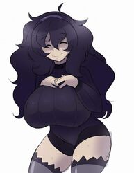  ^_^ ahoge breasts closed_eyes curvy female hairband hands_on_breasts hands_on_chest head_tilt hex_maniac_(pokemon) huge_breasts leaning_forward long_hair long_sleeves messy_hair npc npc_trainer pokemon pokemon_(game) pokemon_xy purple_hair purple_hairband ribbed_sweater simple_background smile solo standing stockings sweat sweater thighhighs turtleneck wavy_hair wavy_mouth white_background 