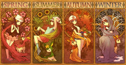  4girls alternate_color annotation_request armpits art_nouveau autumn bad_id bad_pixiv_id bandana bare_shoulders baseball_cap beanie berry berry_(pokemon) blanket blue_eyes boots bracelet branch brown_eyes brown_hair cherry_blossoms column_lineup dawn_(pokemon) deerling deerling_(autumn) deerling_(spring) deerling_(summer) deerling_(winter) flower food fruit gloves hair_ornament hairclip hat highres hilda_(pokemon) hondew_berry jewelry kabocha_torute leaf leaf_(pokemon) long_hair may_(pokemon) multiple_girls oran_berry own_hands_clasped own_hands_together pecha_berry pokemon pokemon_(creature) pokemon_bw pokemon_dppt pokemon_frlg pokemon_rse ponytail scarf seasons shorts sitting skirt sleeveless snowflakes socks spring_(season) standing summer sunflower vest winter wristband 