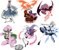  6+girls animal_ears ann606 bat_(animal) bat_wings bullet chains clock commentary_request danmaku dress fiery_wings fujiwara_no_mokou hands_in_pockets hat houraisan_kaguya izayoi_sakuya jpeg_artifacts kamishirasawa_keine kazami_yuuka kazami_yuuka_(pc-98) knife kunai long_hair maid maid_headdress multiple_girls nightcap pajamas pants rabbit_ears red_eyes reisen_udongein_inaba remilia_scarlet scroll simple_background sleepy spear_the_gungnir sword thighhighs touhou touhou_(pc-98) weapon white_background white_thighhighs wings 