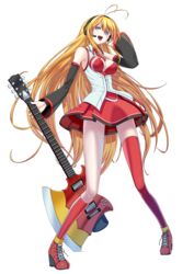  asymmetrical_legwear axe axe_guitar bad_id bad_pixiv_id blonde_hair blue_eyes breasts cleavage cleavage_cutout clothing_cutout detached_sleeves electric_guitar female full_body guitar headset highres instrument kneehighs long_hair long_legs medium_breasts mismatched_legwear necktie open_mouth platform_footwear popepe skirt socks solo thighhighs transparent_background tsurumaki_maki uneven_legwear very_long_hair voiceroid weapon 