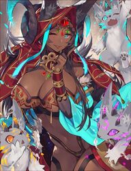  :p aemochi animal animal_ears aqua_eyes bad_id bad_twitter_id blush breasts bridal_gauntlets cleavage dark-skinned_female dark_skin fate/grand_order fate_(series) female horns index_finger_raised large_breasts long_hair looking_at_viewer one_eye_closed purple_hair queen_of_sheba_(fate) smile solo tongue tongue_out 