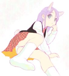  animal_ears feet female higebu inazuma_eleven inazuma_eleven_(series) kudou_fuyuka no_shoes panties plaid plaid_skirt purple_hair rabbit_ears rabbit_tail skirt socks solo tail underwear white_panties 