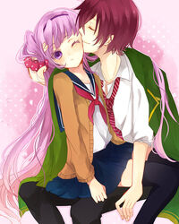  1boy alternate_costume asbel_lhant asbel_lhant_(schoolyard_hipster) bad_id bad_pixiv_id black_thighhighs blazer cardigan chidori_(@rom) closed_eyes colored_eyelashes couple eyelashes female hairband hand_in_another&#039;s_hair jacket jacket_on_shoulders kissing kissing_cheek long_hair necktie official_alternate_costume one_eye_closed ponytail purple_eyes purple_hair red_hair school_uniform scrunchie serafuku short_hair side_ponytail sitting sitting_on_person skirt sophie_(middle-school_mascot)_(tales) sophie_(tales) straight tales_of_(series) tales_of_graces thighhighs zettai_ryouiki 