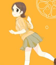  brown_hair female food fruit higebu inazuma_eleven inazuma_eleven_(series) jacket kino_aki looking_back orange_(fruit) short_hair skirt solo 