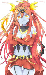  :3 bare_shoulders belt black_panties blue_skin blush_stickers breast_hold breasts cleavage colored_skin commentary_request cowboy_shot crossed_arms demon_girl demon_horns demon_tail earrings elbow_gloves facial_mark fangs female garter_straps gloves hair_up halo heart hera-ur_(p&amp;d) hera_(p&amp;d) highleg highleg_panties highres hoop_earrings horns hybrid_(1212apro) jewelry large_breasts long_hair looking_at_viewer multicolored_hair navel orange_hair panties puzzle_&amp;_dragons red_gloves red_hair shorts simple_background smile solo tail tiara underwear white_background yellow_eyes 