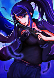  alphalld_(forochi) blue_eyes blue_hair commentary_request cowboy_shot feathers female grisaia_(series) grisaia_no_kajitsu grisaia_no_meikyuu gun handgun highres jacket jacket_on_shoulders kusakabe_asako long_hair md5_mismatch moon ponytail resolution_mismatch rifle solo source_smaller weapon 