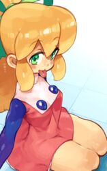  blonde_hair blush collarbone dress eyebrows_visible_through_hair female frilled_dress frills glo-s-s green_eyes green_ribbons hair_between_eyes hair_ribbon high_ponytail lolicon long_hair looking_at_viewer red_dress ribbon rockman rockman_(classic) roll solo_focus tongue tongue_out 