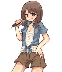  blush brown_hair casual commentary_request female fukuyo_kouko hand_on_own_hip kuromu_(cr0711) long_hair lowres microphone saki_(manga) saki_achiga-hen shorts smile solo 