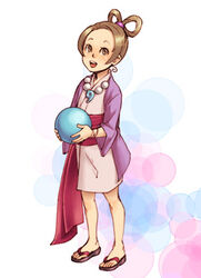  ball brown_eyes brown_hair female gyakuten_saiban half_updo japanese_clothes kimono kobashi lolicon lowres magatama obi open_mouth pearl_fey sandals sash short_hair short_kimono simple_background smile solo white_background 