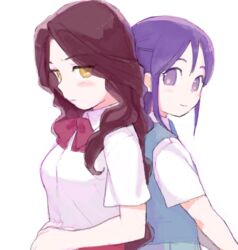  2girls blush frown higebu inazuma_eleven inazuma_eleven_(series) kudou_fuyuka long_hair multiple_girls purple_eyes purple_hair raimon_natsumi red_hair school_uniform smile yellow_eyes 