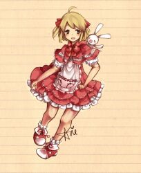  aged_down ahoge apron arie_(lovelipop) bad_id bad_pixiv_id blonde_hair bobby_socks bow female frilled_apron frills full_body grey_eyes highres polka_(trusty_bell) red_skirt ribbon sepia_background shawl shoes short_hair skirt skirt_hold smile socks solo trusty_bell 