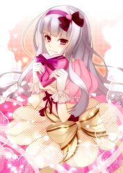  blush bows chocolate female gloves gray_hair hair_clip hair_ornament hairbow headband heart idolmaster long_hair looking_at_viewer pink_eyes shijou_takane smile solo valentines 