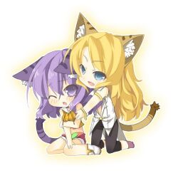  2girls animal_ears ao_no_kiseki blonde_hair blue_eyes blush cat_ears cat_tail chibi commentary_request eiyuu_densetsu full_body ilya_platiere kemonomimi_mode kneeling long_hair multiple_girls one_eye_closed purple_eyes purple_hair rixia_mao saru short_hair shorts smile tail 