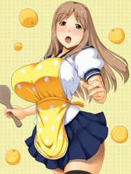  apron blush breasts brown_hair commentary_request female food fruit huge_breasts kawanuma_uotsuri long_hair open_mouth photokano pleated_skirt polka_dot polka_dot_apron school_uniform serafuku skirt solo thighhighs yunoki_rina 