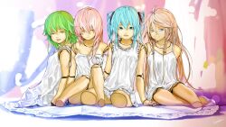  4girls ahoge amputee aqua_eyes aqua_hair blue_eyes braid commentary_request doll doll_joints green_eyes green_hair gumi hatsune_miku highres ia_(vocaloid) joints long_hair looking_at_viewer loundraw megurine_luka multiple_girls open_mouth pink_eyes pink_hair sitting skirt smile twin_braids twintails vocaloid white_skirt 