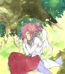  arche_klein belt closed_eyes elbow_gloves feet_out_of_frame female fetal_position gloves grass horiguchi_yukiko lying on_side outdoors pants photoshop_(medium) pink_hair pink_pants shirt side_ponytail sleeping sleeveless sleeveless_shirt solo tales_of_(series) tales_of_phantasia tree tree_shade under_tree 