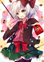  :d alternate_costume bad_id bad_pixiv_id black_pantyhose bow box candy checkerboard_cookie cookie female flower food foreshortening gradient_hair green_eyes hair_ribbon highres incoming_food jacket konpaku_youmu konpeitou kusada_souta multicolored_hair open_clothes open_jacket open_mouth outstretched_hand pantyhose pocky ribbon shirt short_hair skirt smile solo thumbprint_cookie touhou white_hair 