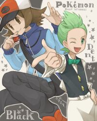  2boys apron bag bow bowtie brown_eyes brown_hair cilan_(pokemon) formal green_eyes green_hair hand_on_own_hip hat hilbert_(pokemon) holding holding_poke_ball jacket jumping long_hair lowres male_focus multiple_boys one_eye_closed open_mouth pointing poke_ball poke_ball_(basic) pokemon pokemon_bw sasairebun smile traditional_bowtie 