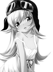  bare_shoulders blush commentary_request dress female goggles greyscale helmet hoshi_nohara long_hair monochrome monogatari_(series) nisemonogatari oerba_yun_fang oshino_shinobu pointy_ears solo strap_slip 