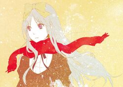  axis_powers_hetalia bad_id bad_pixiv_id belarus_(hetalia) blonde_hair blue_eyes bow female hairbow jouji long_hair red_scarf scarf snowing solo upper_body 