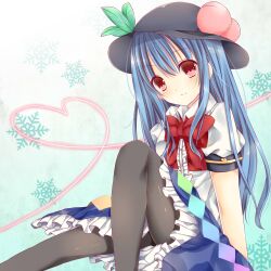  bad_id bad_pixiv_id black_thighhighs blue_hair bow female food fruit hat highres hinanawi_tenshi leaf long_hair peach red_eyes saijou_haruki sitting skirt solo thighhighs touhou 