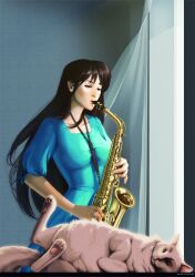  animal ayukawa_madoka blue_eyes brown_hair commentary_request dress feline female instrument jingoro_(cat) julia_lichty kimagure_orange_road lips long_dress long_hair realistic saxophone solo 