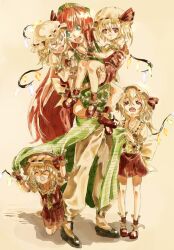  5girls ^_^ ankle_cuffs ascot blonde_hair blush carrying climbing clone closed_eyes clothes_pull commentary_request dress flandre_scarlet four_of_a_kind_(touhou) green_dress green_eyes hat hat_ribbon hong_meiling kotarou_(rakugaki_shirushi) long_hair multiple_girls oerba_yun_fang open_mouth pants pants_under_dress red_eyes red_hair ribbon shirt side_ponytail skirt skirt_pull smile star_(symbol) touhou under_skirt wings wrist_cuffs 