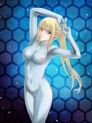  armpits arms_up bad_id bad_pixiv_id blonde_hair blue_background blue_eyes bodysuit covered_armpit covered_navel female highres honeycomb_(pattern) honeycomb_background long_hair metroid night night_sky ponytail samus_aran sky solo star_(sky) tamamon zero_suit 