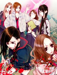  6+girls akb48 animification bad_id bad_pixiv_id black_(majisuka_gakuen) black_hair blood book brown_hair chains coat delinquent earrings fingerless_gloves fur_coat gekikara_(majisuka_gakuen) gloves jacket jewelry majisuka_gakuen midriff multiple_girls oerba_yun_fang ooshima_yuuko photoshop_(medium) sado_(majisuka_gakuen) school_uniform serafuku shibuya_(majisuka_gakuen) short_hair sleeves_pushed_up smile torigoya_(majisuka_gakuen) umbrella wakiwaki-san 