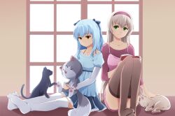  2girls alternate_costume blue_hair blue_shirt book commentary_request eiyuu_densetsu elie_macdowell feline green_eyes grey_hair hairband light_blue_hair long_hair mishy multiple_girls photoshop_(medium) purple_legwear shirt sitting smile stuffed_animal stuffed_toy sun_trial thighhighs tio_plato two_side_up white_legwear window yellow_eyes zero_no_kiseki 