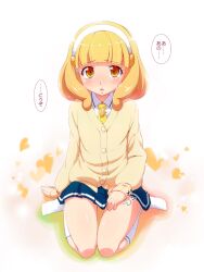  blonde_hair blush cardigan commentary_request eyelashes female hairband hand_on_lap kneehighs nanairogaoka_middle_school_uniform natsumi_akira no_shoes precure school_uniform short_hair sitting skirt smile_precure socks solo text_focus translated wariza white_hairband yayoi_kise yellow_eyes 