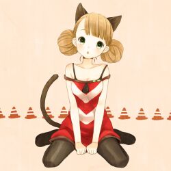  animal_ears bad_id bad_pixiv_id black_pantyhose brown_hair cat_ears cat_tail double_bun dress female green_eyes hair_bun mizutamako open_mouth original pantyhose short_hair sitting solo tail wariza 