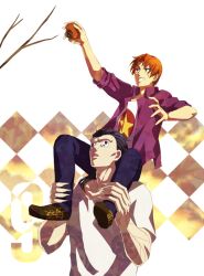  2boys animal_print asura_(asr4000) black_eyes carrying casual commentary_request fate/zero fate_(series) food fruit gilles_de_rais_(caster)_(fate) grey_hair leopard_print male_focus multiple_boys orange_hair persimmon shirt shoes shoulder_carry sneakers t-shirt tree uryuu_ryuunosuke 