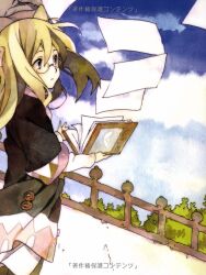  blonde_hair blue_eyes book cloud female glasses horiguchi_yukiko long_hair non-web_source official_art open_book pages shoujo_sekai sky solo 