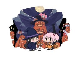  2girls akemi_homura anthony_(madoka_magica) baku_taso black_hair blush charlotte_(madoka_magica) chibi commentary_request costume full_moon halloween jack-o&#039;-lantern kaname_madoka kyuubee long_hair mahou_shoujo_madoka_magica mahou_shoujo_madoka_magica_(anime) moon multiple_girls pink_hair ribbon short_hair smile 